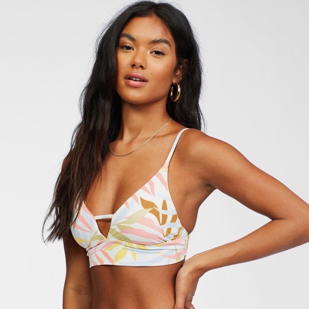 Billabong Pastel Leaf Print Bikini Top - White, Pink, Yellow, Blue, Tan